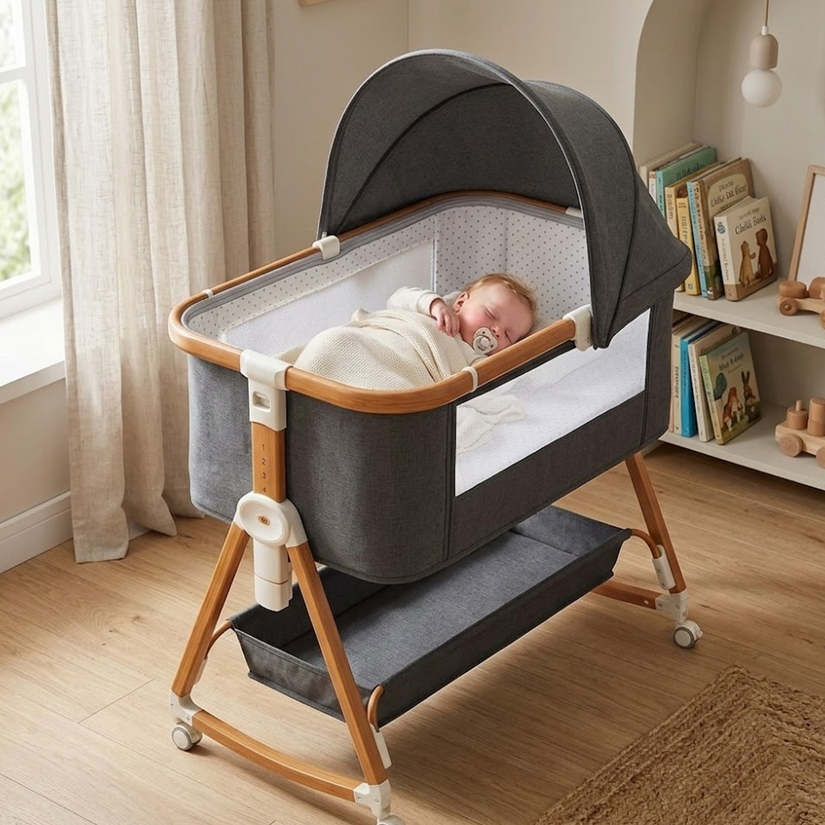WROS Adjustable Baby Bedside Bassinet with Rocking Mode, Mosquito Net, Toy Arch and Lockable Wheels
