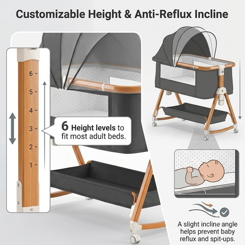 WROS Adjustable Baby Bedside Bassinet with Rocking Mode, Mosquito Net, Toy Arch and Lockable Wheels