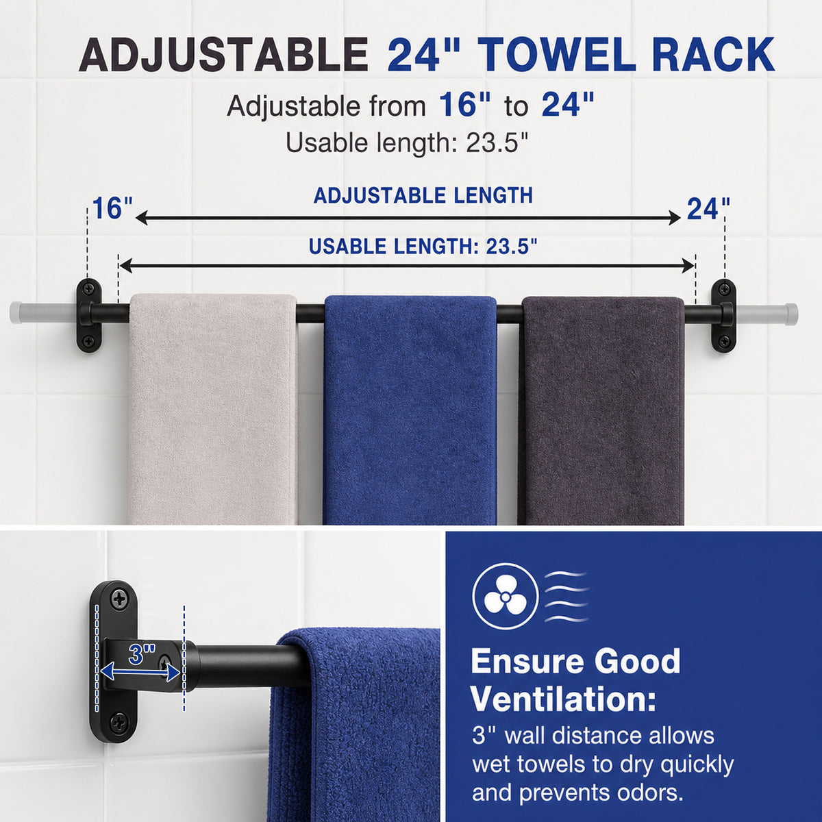 WROS Matte Black Towel Racks, 24" Rustproof Wall Mounted Towel Holder Bar for Bathroom Accessories