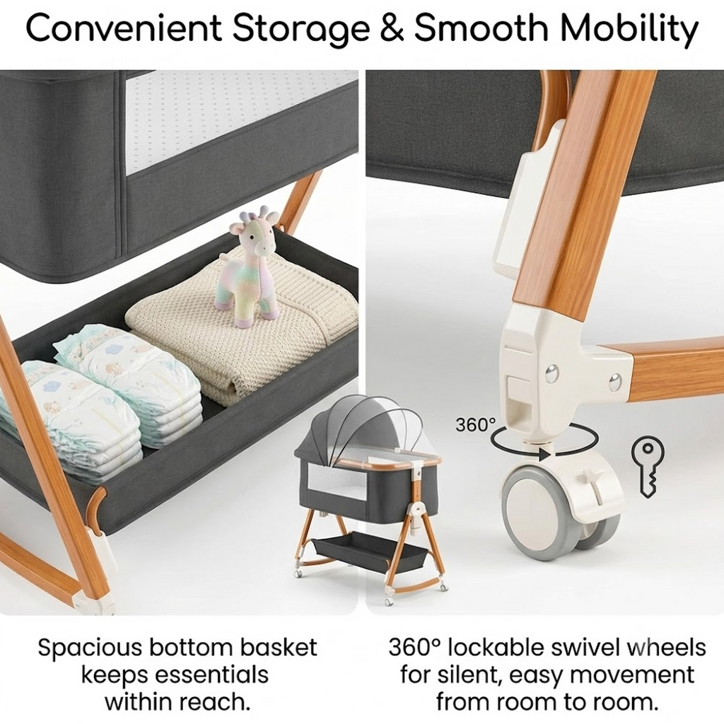 WROS Adjustable Baby Bedside Bassinet with Rocking Mode, Mosquito Net, Toy Arch and Lockable Wheels