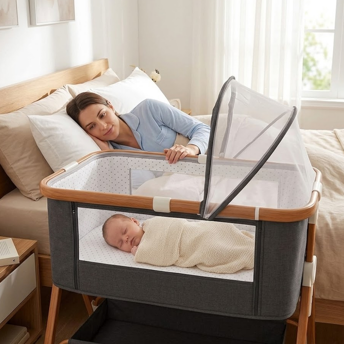 WROS Adjustable Baby Bedside Bassinet with Rocking Mode, Mosquito Net, Toy Arch and Lockable Wheels