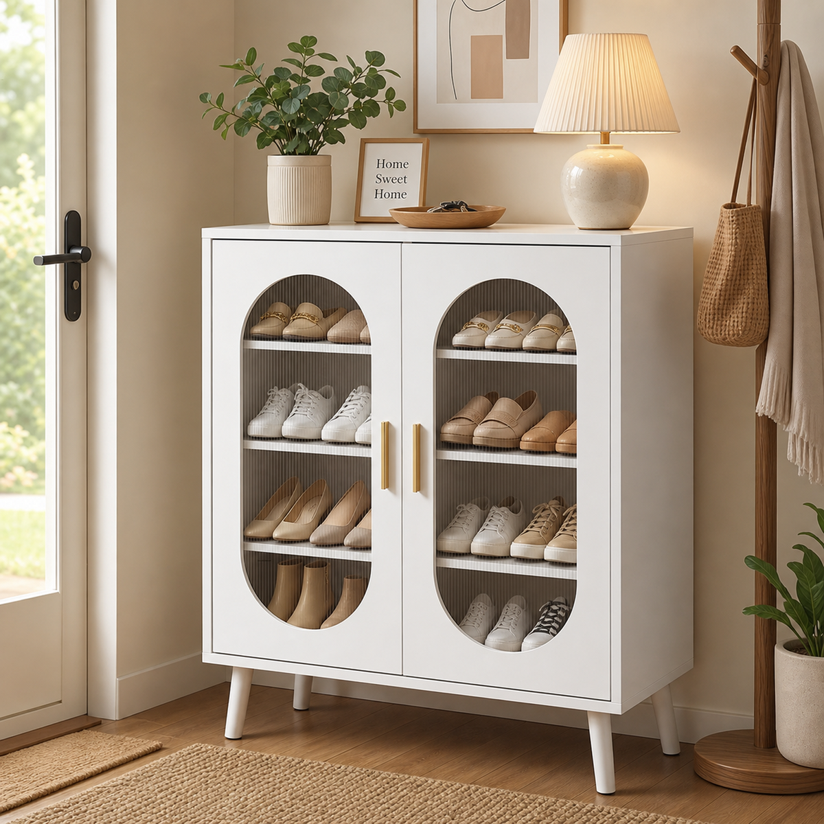 WROS 2-Door Shoe Cabinet, White Polycarbonate Shoe Storage Organizer with Four Internal Layers