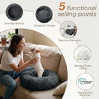 WROS Calming Dog Bed, 20" x 20" x 6" Fits Cat & Dog, Anti-Slip Round Washable Faux Fur for Doze Off, Napping Orthopedic, Dark Grey