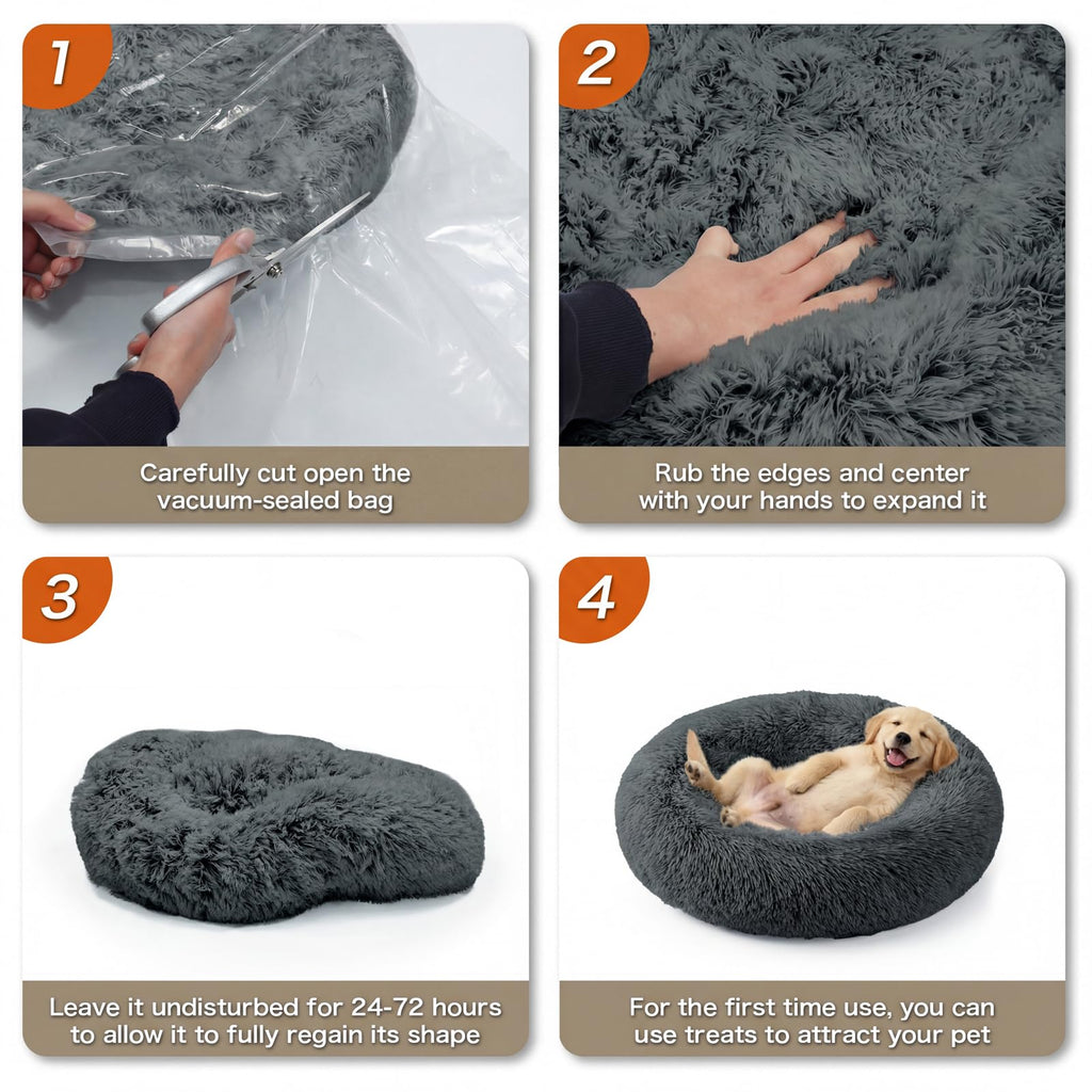 WROS Calming Dog Bed, 20" x 20" x 6" Fits Cat & Dog, Anti-Slip Round Washable Faux Fur for Doze Off, Napping Orthopedic, Dark Grey