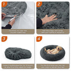 WROS Calming Dog Bed, 20" x 20" x 6" Fits Cat & Dog, Anti-Slip Round Washable Faux Fur for Doze Off, Napping Orthopedic, Dark Grey