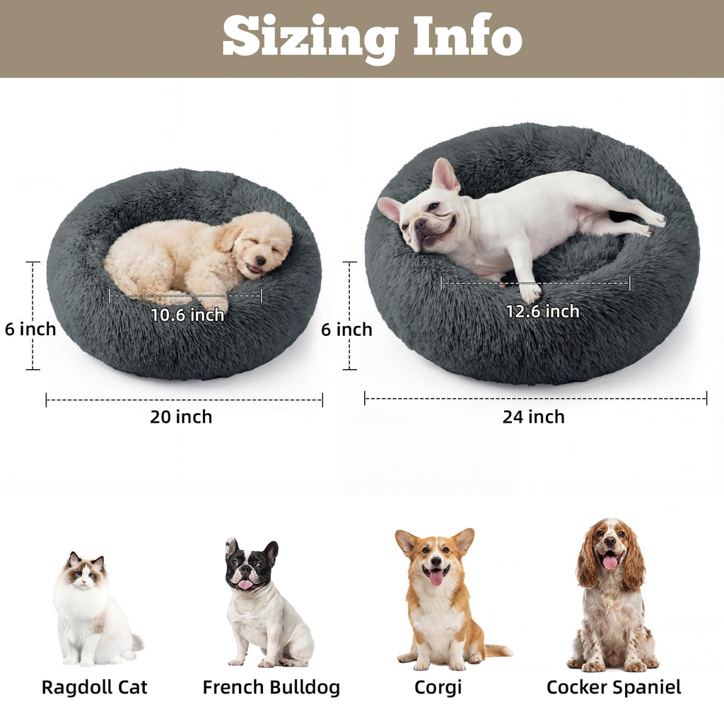 WROS Calming Dog Bed, 20" x 20" x 6" Fits Cat & Dog, Anti-Slip Round Washable Faux Fur for Doze Off, Napping Orthopedic, Dark Grey