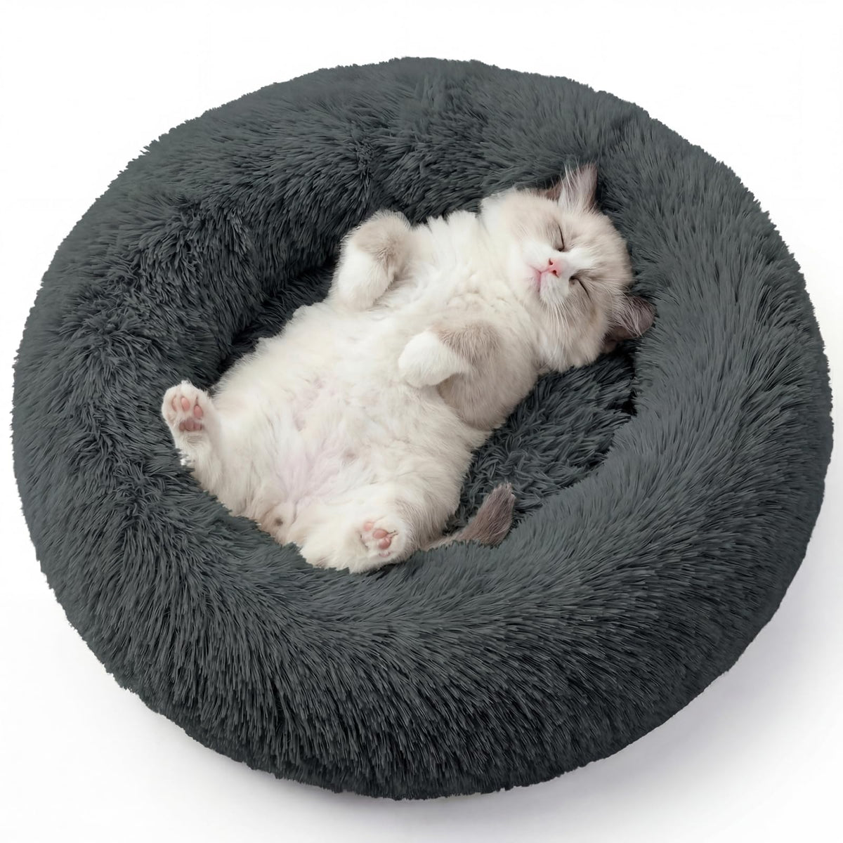 WROS Calming Dog Bed, 20" x 20" x 6" Fits Cat & Dog, Anti-Slip Round Washable Faux Fur for Doze Off, Napping Orthopedic, Dark Grey