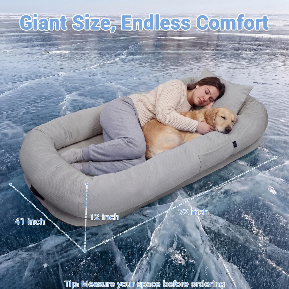 WROS Cooling Human Dog Bed for Summer, Breathable Washable Floor Lounger for People & Pets, 72"x41"x12", Glacier Grey, Pet Bed for Hot Weather Relaxing