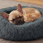 WROS Calming Dog Bed, 20" x 20" x 6" Fits Cat & Dog, Anti-Slip Round Washable Faux Fur for Doze Off, Napping Orthopedic, Dark Grey