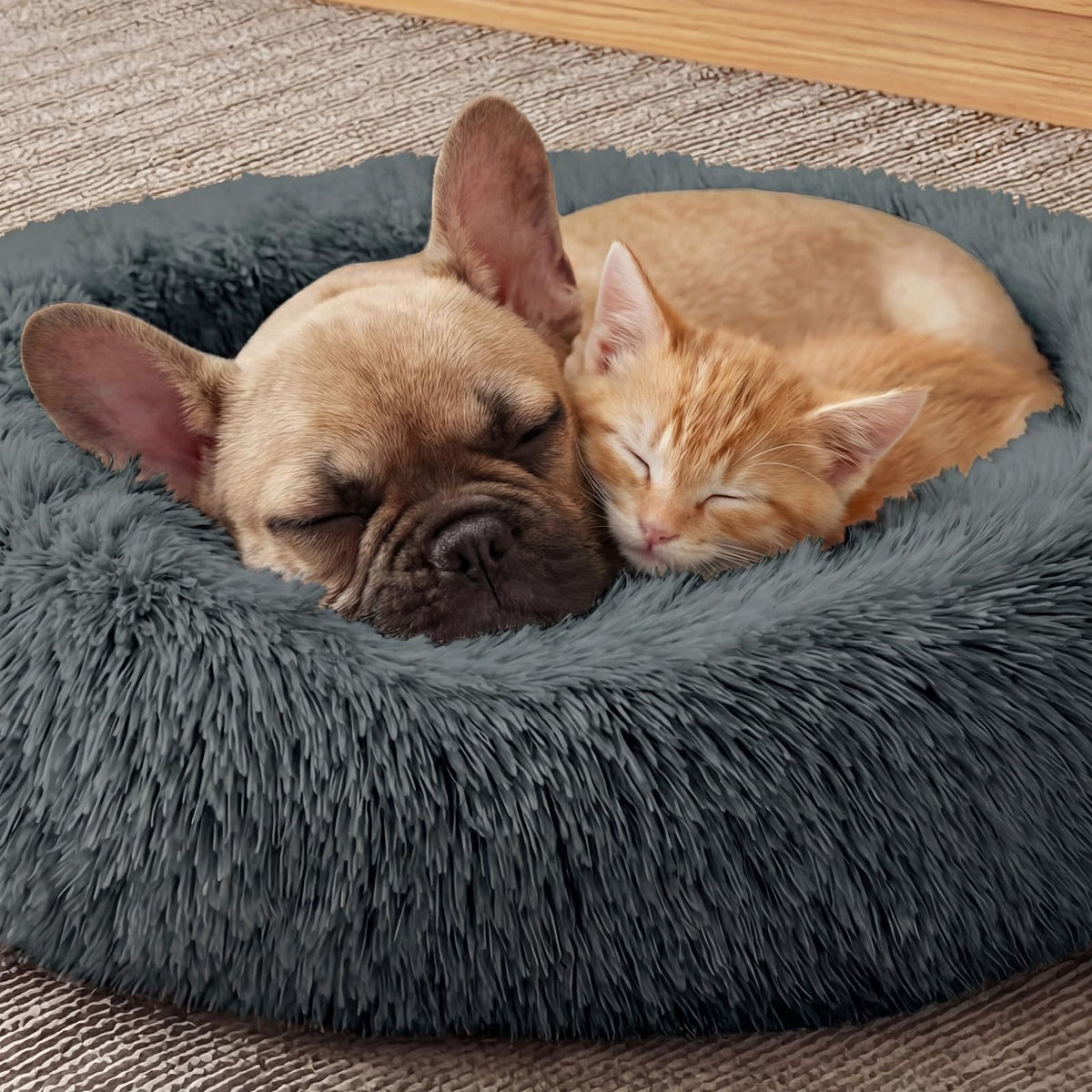 WROS Calming Dog Bed, 20" x 20" x 6" Fits Cat & Dog, Anti-Slip Round Washable Faux Fur for Doze Off, Napping Orthopedic, Dark Grey