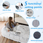 WROS Human Dog Bed - 71"x45"x12" Fits You & Pets, Washable Faux Fur, Orthopedic, Plump Pillow, Blanket, Strap - Grey