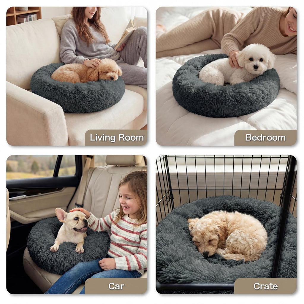 WROS Calming Dog Bed, 20" x 20" x 6" Fits Cat & Dog, Anti-Slip Round Washable Faux Fur for Doze Off, Napping Orthopedic, Dark Grey