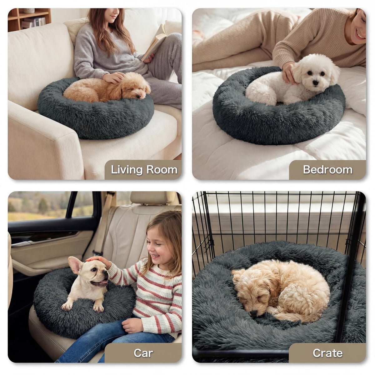 WROS Calming Dog Bed, 20" x 20" x 6" Fits Cat & Dog, Anti-Slip Round Washable Faux Fur for Doze Off, Napping Orthopedic, Dark Grey